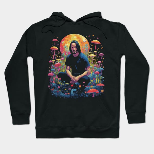 Keanu Reeves Psychedelic Zen Meditation Mushroom Garden Hoodie by Celebrity Zen